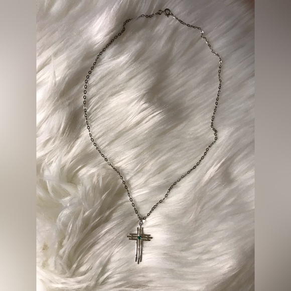 VINTAGE necklace•solid silver 925 chain•cross sterling silver; stone Gerald - Picture 2 of 7
